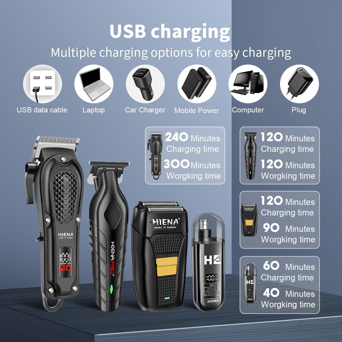 HIENA PRO Professional Hair Clipper Set for Men - Cordless Barber Clippers & Trimmer Kit, Electric Beard Trimmer & Nose Trimmer, Foil Shaver, Gifts for Men Avelisse