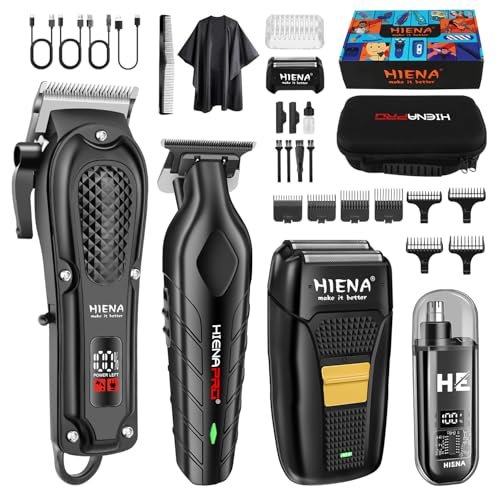 HIENA PRO Professional Hair Clipper Set for Men - Cordless Barber Clippers & Trimmer Kit, Electric Beard Trimmer & Nose Trimmer, Foil Shaver, Gifts for Men Avelisse