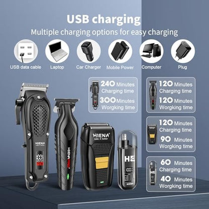 HIENA PRO Professional Hair Clipper Set for Men - Cordless Barber Clippers & Trimmer Kit, Electric Beard Trimmer & Nose Trimmer, Foil Shaver, Gifts for Men Avelisse