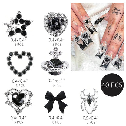 40 PCS Black Gothic Halloween Nail Charms Set - Bows, Hearts, Spiders, Stars, Planets - 3D Nail Art Luxury Black Charms for Nails & DIY Bracelet Charms