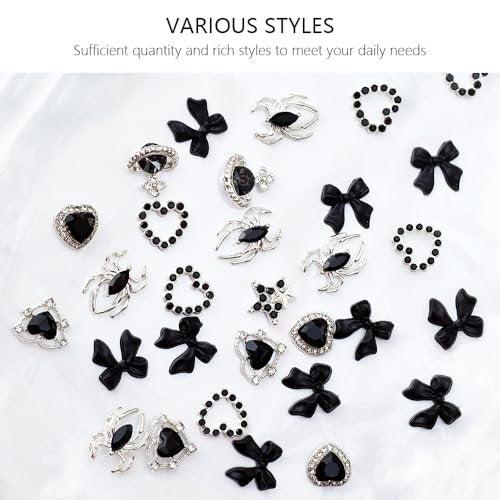 40 PCS Black Gothic Halloween Nail Charms Set - Bows, Hearts, Spiders, Stars, Planets - 3D Nail Art Luxury Black Charms for Nails & DIY Bracelet Charms - görsel 12