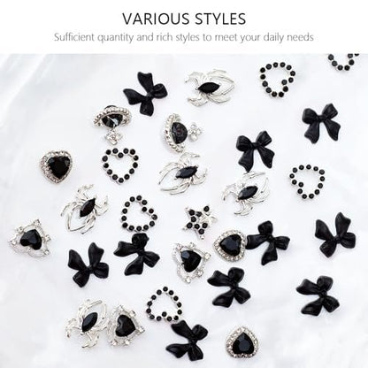 40 PCS Black Gothic Halloween Nail Charms Set - Bows, Hearts, Spiders, Stars, Planets - 3D Nail Art Luxury Black Charms for Nails & DIY Bracelet Charms
