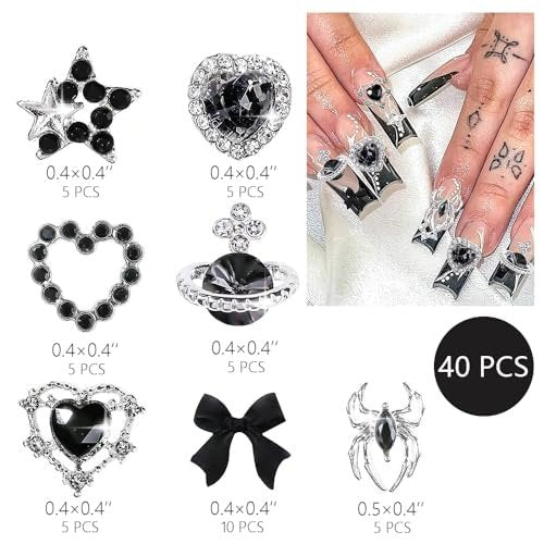40 PCS Black Gothic Halloween Nail Charms Set - Bows, Hearts, Spiders, Stars, Planets - 3D Nail Art Luxury Black Charms for Nails & DIY Bracelet Charms - görsel 4