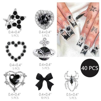 40 PCS Black Gothic Halloween Nail Charms Set - Bows, Hearts, Spiders, Stars, Planets - 3D Nail Art Luxury Black Charms for Nails & DIY Bracelet Charms