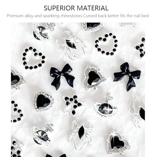 40 PCS Black Gothic Halloween Nail Charms Set - Bows, Hearts, Spiders, Stars, Planets - 3D Nail Art Luxury Black Charms for Nails & DIY Bracelet Charms - görsel 8