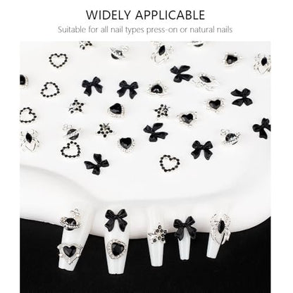 40 PCS Black Gothic Halloween Nail Charms Set - Bows, Hearts, Spiders, Stars, Planets - 3D Nail Art Luxury Black Charms for Nails & DIY Bracelet Charms