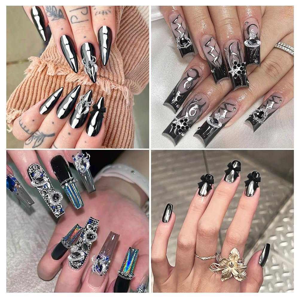 40 PCS Black Gothic Halloween Nail Charms Set - Bows, Hearts, Spiders, Stars, Planets - 3D Nail Art Luxury Black Charms for Nails & DIY Bracelet Charms - görsel 5