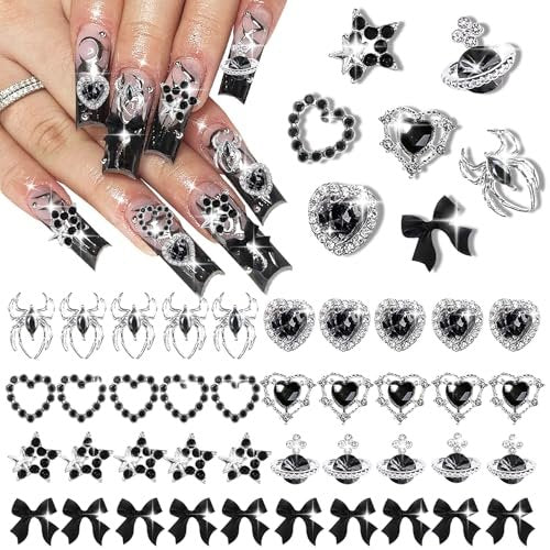 40 PCS Black Gothic Halloween Nail Charms Set - Bows, Hearts, Spiders, Stars, Planets - 3D Nail Art Luxury Black Charms for Nails & DIY Bracelet Charms - görsel 2