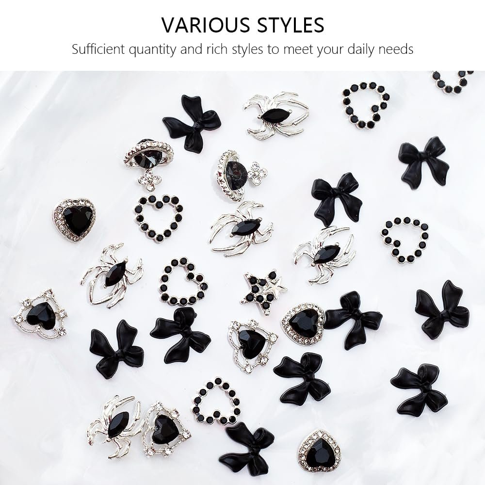 40 PCS Black Gothic Halloween Nail Charms Set - Bows, Hearts, Spiders, Stars, Planets - 3D Nail Art Luxury Black Charms for Nails & DIY Bracelet Charms - görsel 11