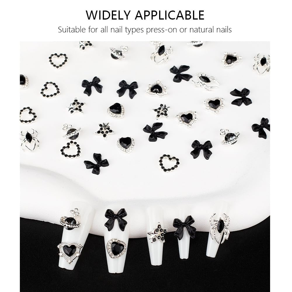 40 PCS Black Gothic Halloween Nail Charms Set - Bows, Hearts, Spiders, Stars, Planets - 3D Nail Art Luxury Black Charms for Nails & DIY Bracelet Charms - görsel 9