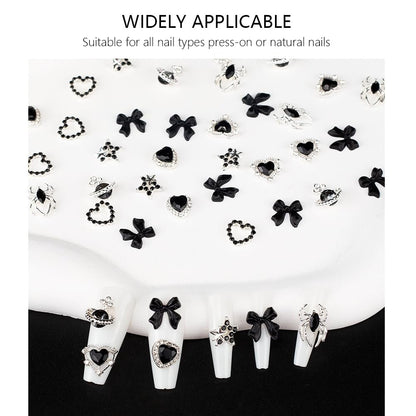 40 PCS Black Gothic Halloween Nail Charms Set - Bows, Hearts, Spiders, Stars, Planets - 3D Nail Art Luxury Black Charms for Nails & DIY Bracelet Charms