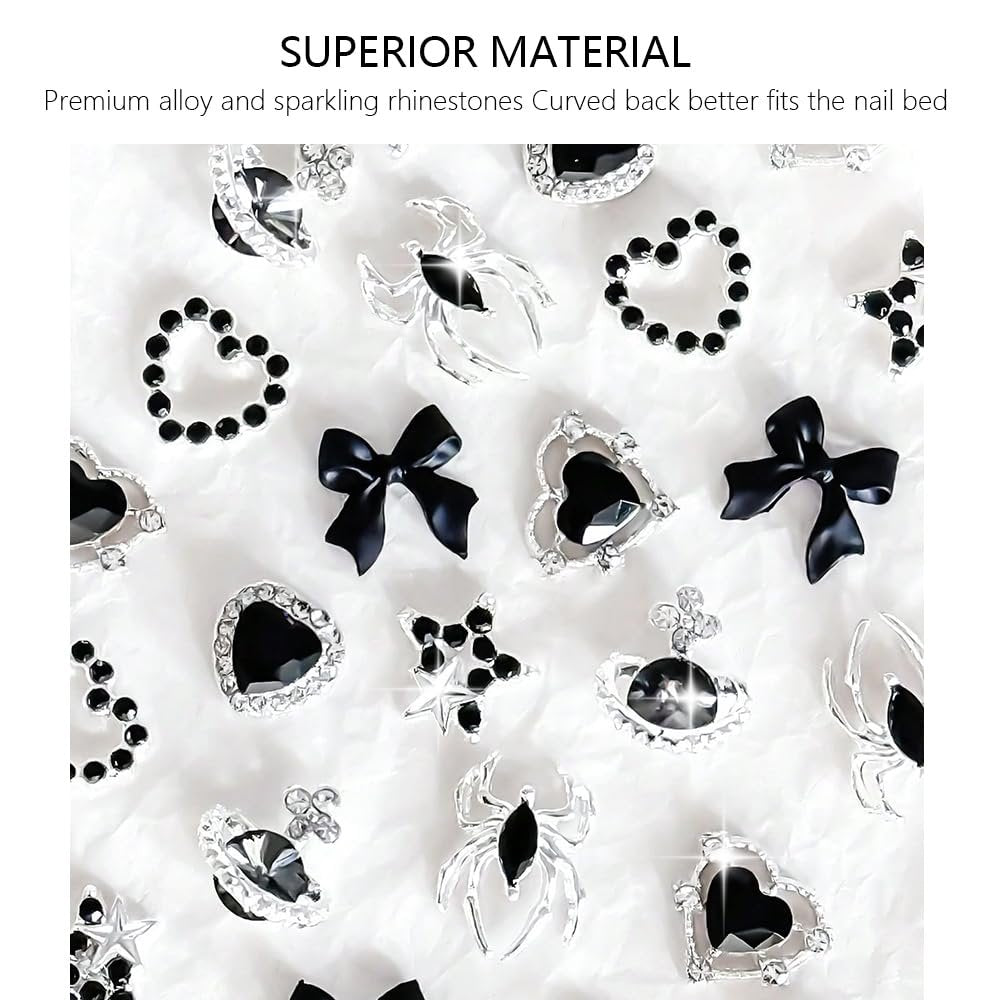 40 PCS Black Gothic Halloween Nail Charms Set - Bows, Hearts, Spiders, Stars, Planets - 3D Nail Art Luxury Black Charms for Nails & DIY Bracelet Charms - görsel 7