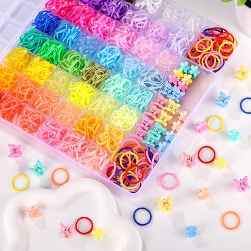Funtopia 2100pcs Baby Hair Ties: 46 Colors Rubber Bands for Hair, Small Elastic Hair Ties with Mini Hair Claws & Clips for Girls, Toddlers, Kids Avelisse