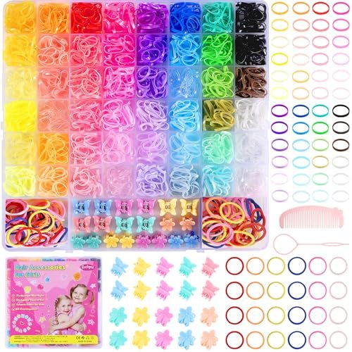 Funtopia 2100pcs Baby Hair Ties: 46 Colors Rubber Bands for Hair, Small Elastic Hair Ties with Mini Hair Claws & Clips for Girls, Toddlers, Kids Avelisse
