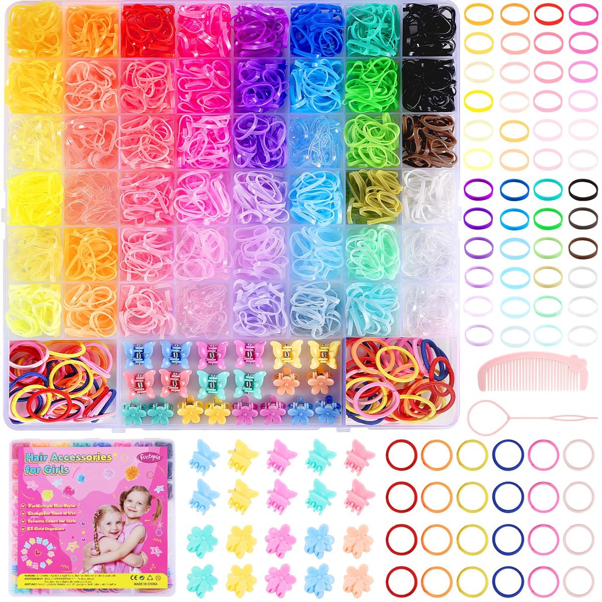 Funtopia 2100pcs Baby Hair Ties: 46 Colors Rubber Bands for Hair, Small Elastic Hair Ties with Mini Hair Claws & Clips for Girls, Toddlers, Kids Avelisse