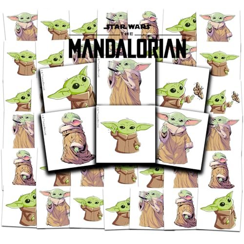 Mandalorian Tattoos Party Favors Bundle – 72 Perforated 2" x 2" Baby Yoda Temporary Tattoos for Kids Boys Girls | Star Wars Party Supplies - görsel 2