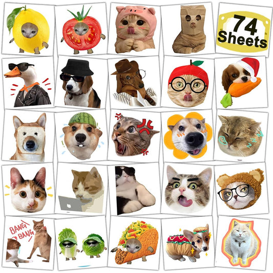 CHARLENT Cute Cat Meme Temporary Tattoos - 74 Individually Wrapped Funny Animal Tattoos for Kids, Party Favors, School Rewards, and Gift Ideas