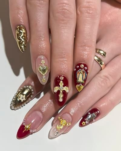 128PCS Gold Nail Charms Set with Rhinestones and Gems, Rose, Hearts, Cross and Virgin Mary - Y2K 3D Shiny Jewelry Nail Accessories Supplies - görsel 6