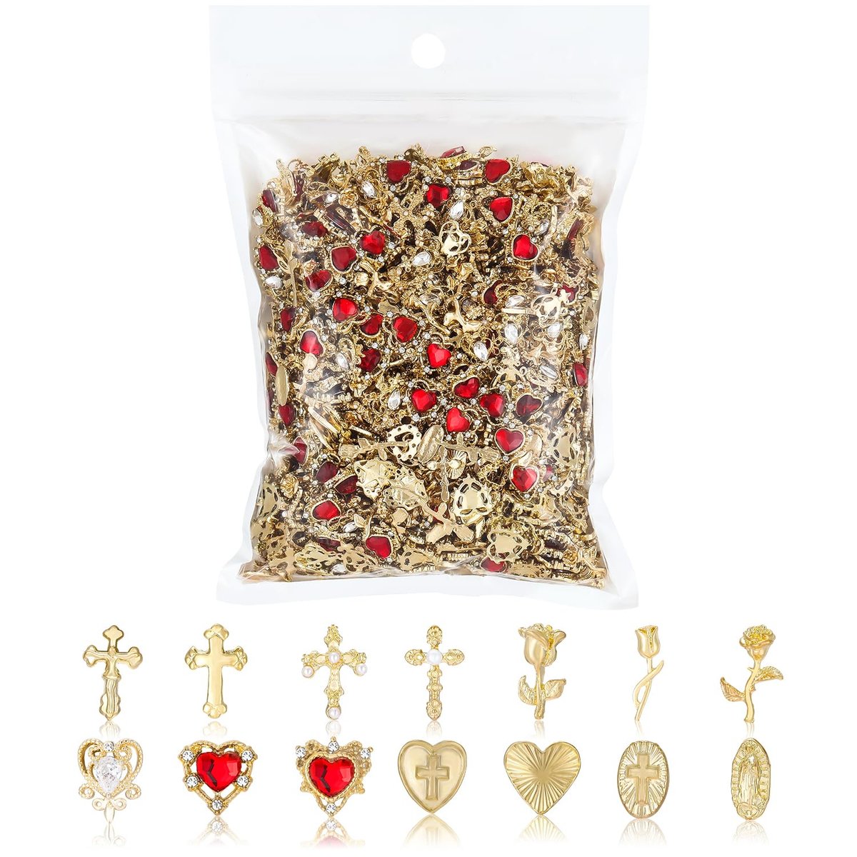128PCS Gold Nail Charms Set with Rhinestones and Gems, Rose, Hearts, Cross and Virgin Mary - Y2K 3D Shiny Jewelry Nail Accessories Supplies - görsel 1