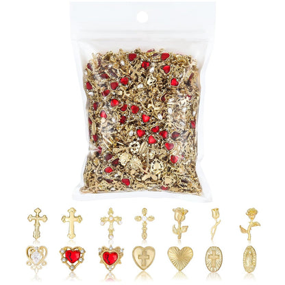 128PCS Gold Nail Charms Set with Rhinestones and Gems, Rose, Hearts, Cross and Virgin Mary - Y2K 3D Shiny Jewelry Nail Accessories Supplies