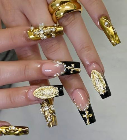 128PCS Gold Nail Charms Set with Rhinestones and Gems, Rose, Hearts, Cross and Virgin Mary - Y2K 3D Shiny Jewelry Nail Accessories Supplies
