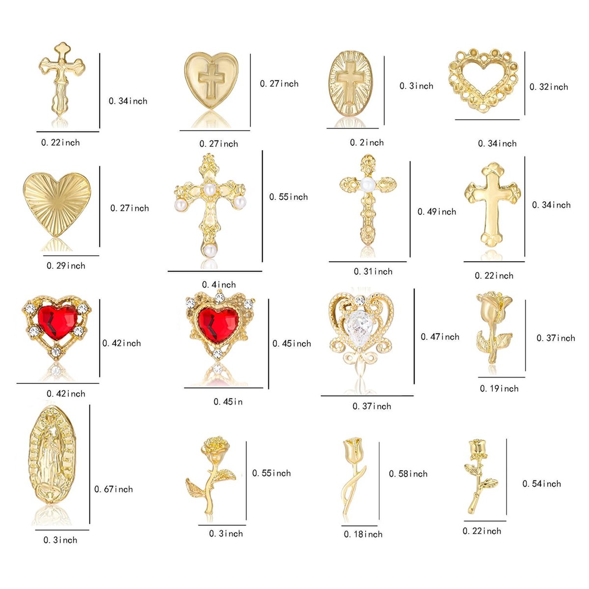 128PCS Gold Nail Charms Set with Rhinestones and Gems, Rose, Hearts, Cross and Virgin Mary - Y2K 3D Shiny Jewelry Nail Accessories Supplies - görsel 3