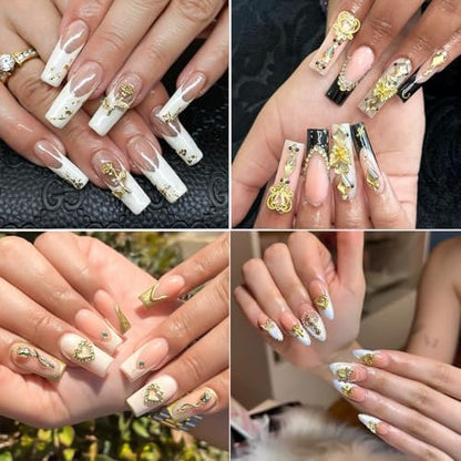 128PCS Gold Nail Charms Set with Rhinestones and Gems, Rose, Hearts, Cross and Virgin Mary - Y2K 3D Shiny Jewelry Nail Accessories Supplies