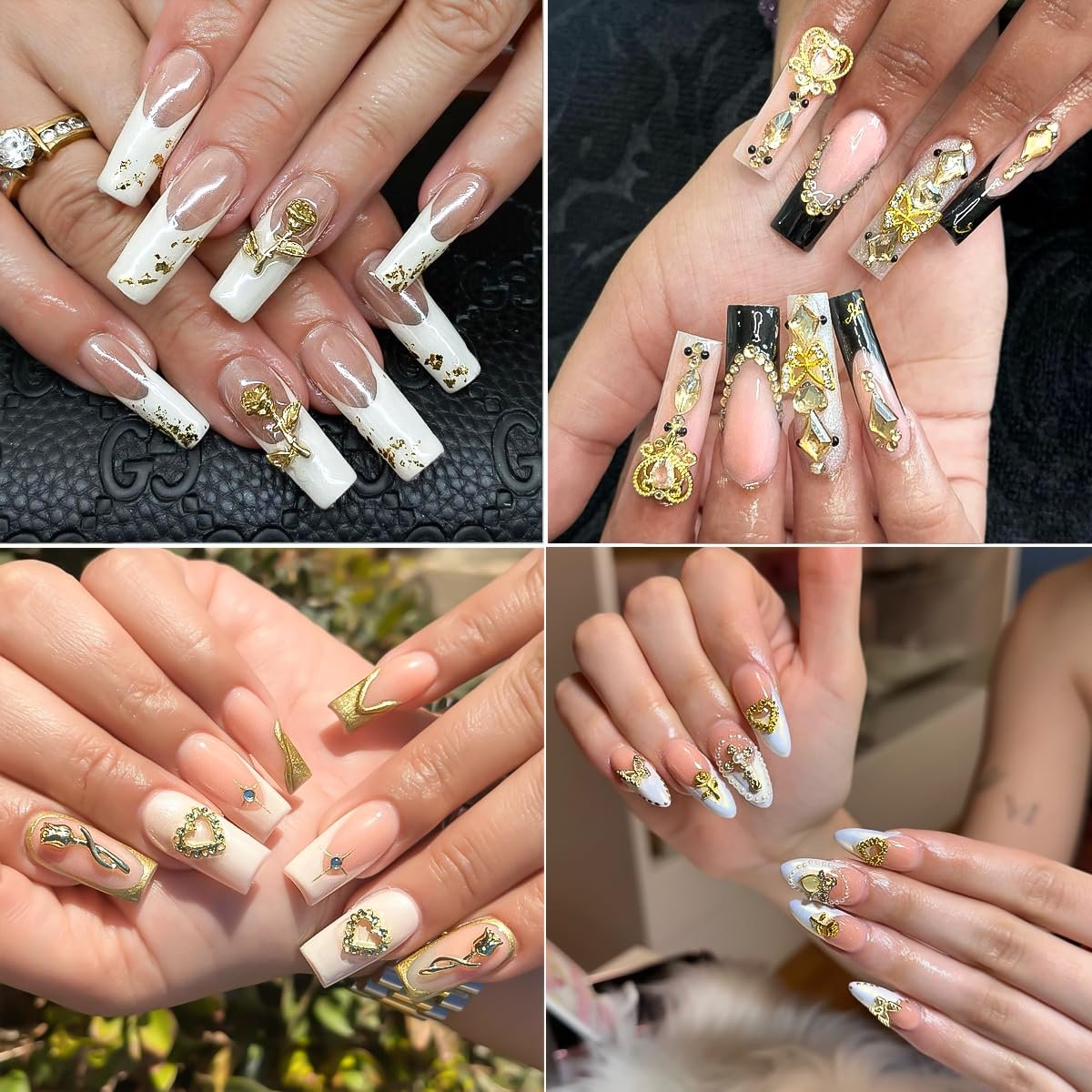 128PCS Gold Nail Charms Set with Rhinestones and Gems, Rose, Hearts, Cross and Virgin Mary - Y2K 3D Shiny Jewelry Nail Accessories Supplies - görsel 13