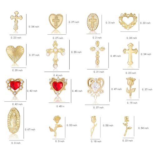 128PCS Gold Nail Charms Set with Rhinestones and Gems, Rose, Hearts, Cross and Virgin Mary - Y2K 3D Shiny Jewelry Nail Accessories Supplies - görsel 4