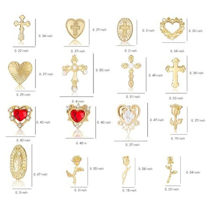 128PCS Gold Nail Charms Set with Rhinestones and Gems, Rose, Hearts, Cross and Virgin Mary - Y2K 3D Shiny Jewelry Nail Accessories Supplies