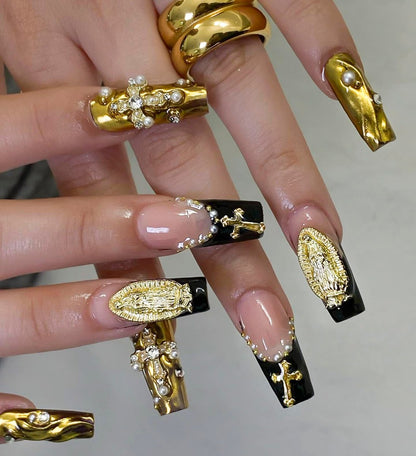 128PCS Gold Nail Charms Set with Rhinestones and Gems, Rose, Hearts, Cross and Virgin Mary - Y2K 3D Shiny Jewelry Nail Accessories Supplies