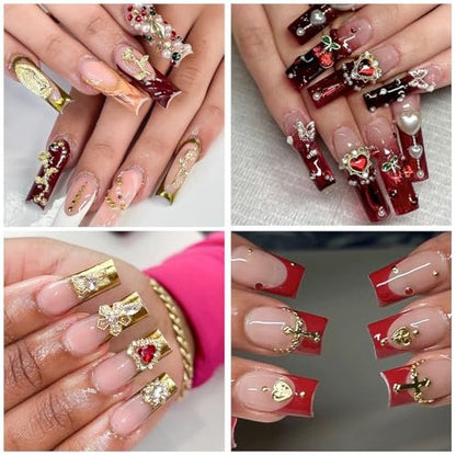 128PCS Gold Nail Charms Set with Rhinestones and Gems, Rose, Hearts, Cross and Virgin Mary - Y2K 3D Shiny Jewelry Nail Accessories Supplies