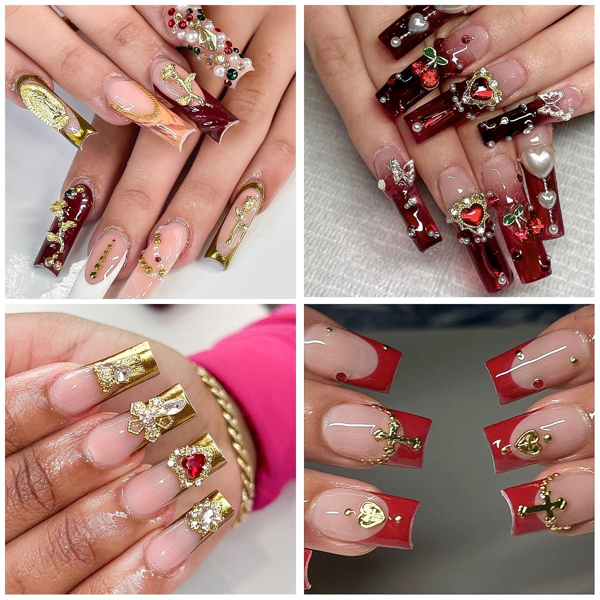 128PCS Gold Nail Charms Set with Rhinestones and Gems, Rose, Hearts, Cross and Virgin Mary - Y2K 3D Shiny Jewelry Nail Accessories Supplies - görsel 9