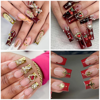 128PCS Gold Nail Charms Set with Rhinestones and Gems, Rose, Hearts, Cross and Virgin Mary - Y2K 3D Shiny Jewelry Nail Accessories Supplies