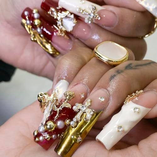 128PCS Gold Nail Charms Set with Rhinestones and Gems, Rose, Hearts, Cross and Virgin Mary - Y2K 3D Shiny Jewelry Nail Accessories Supplies - görsel 8