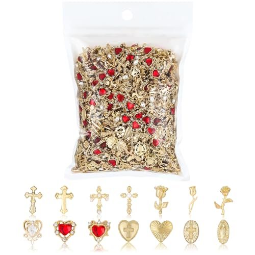 128PCS Gold Nail Charms Set with Rhinestones and Gems, Rose, Hearts, Cross and Virgin Mary - Y2K 3D Shiny Jewelry Nail Accessories Supplies - görsel 2