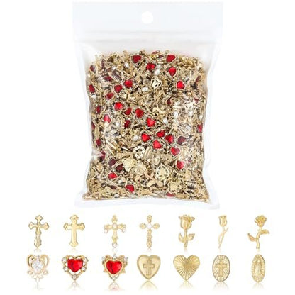 128PCS Gold Nail Charms Set with Rhinestones and Gems, Rose, Hearts, Cross and Virgin Mary - Y2K 3D Shiny Jewelry Nail Accessories Supplies