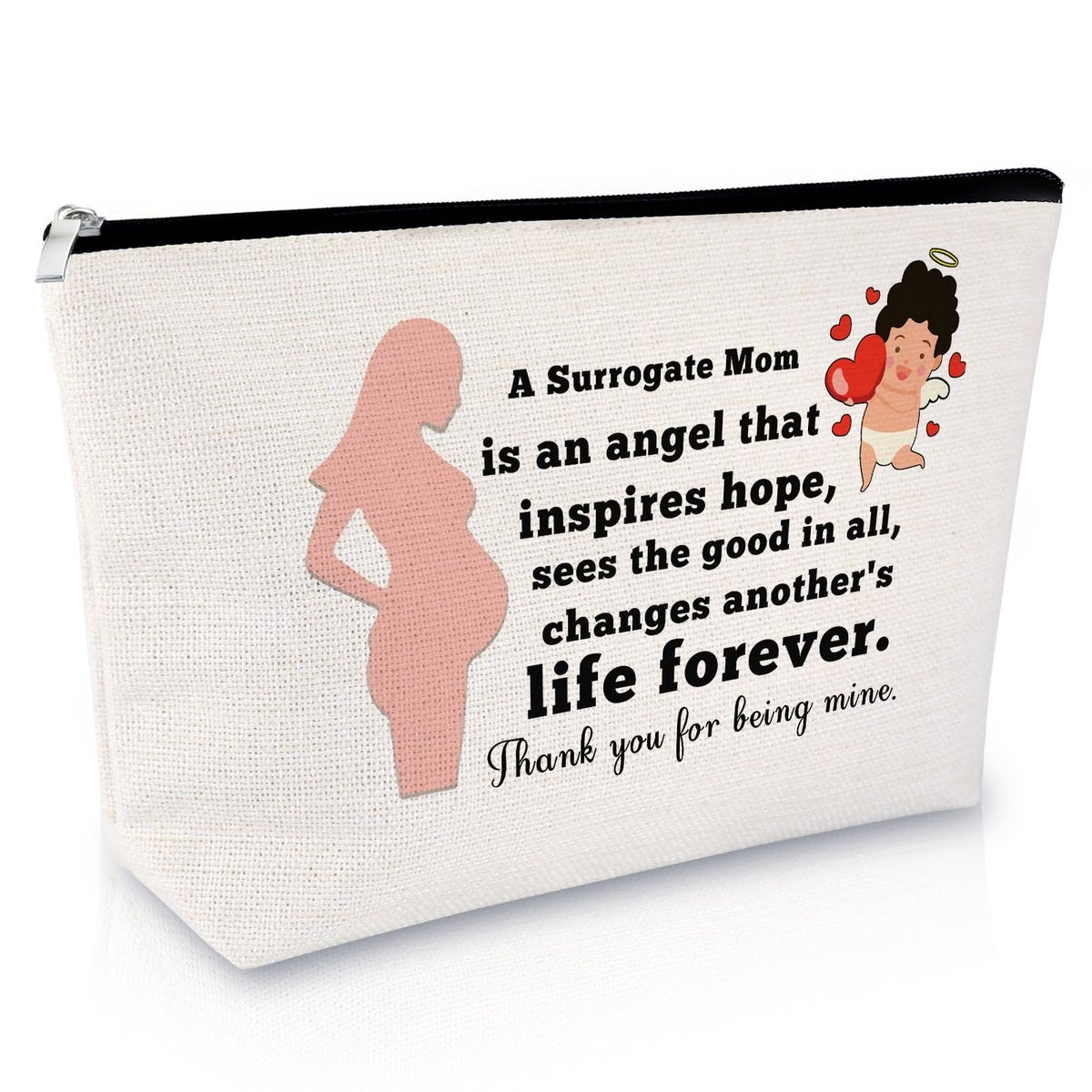 Surrogate Mom Gift - Surrogacy Appreciation Makeup Bag, Thank You Cosmetic Pouch for Pregnancy Gift, Birthday Christmas for Mother, Beige Canvas Travel Zipper Pouch - görsel 1