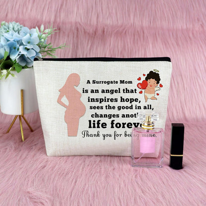 Surrogate Mom Gift - Surrogacy Appreciation Makeup Bag, Thank You Cosmetic Pouch for Pregnancy Gift, Birthday Christmas for Mother, Beige Canvas Travel Zipper Pouch