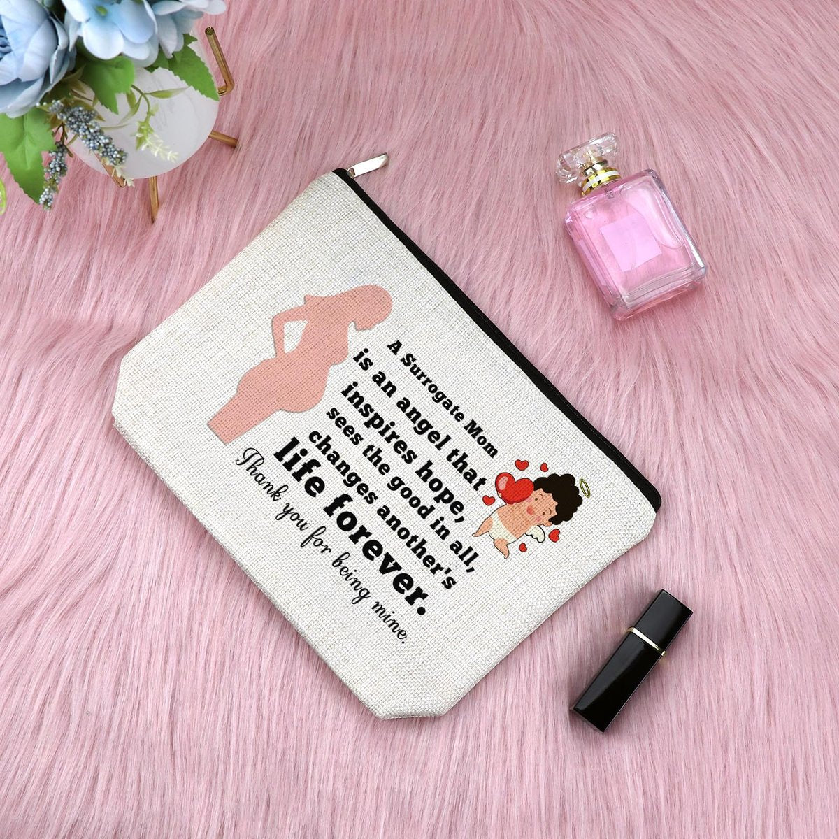Surrogate Mom Gift - Surrogacy Appreciation Makeup Bag, Thank You Cosmetic Pouch for Pregnancy Gift, Birthday Christmas for Mother, Beige Canvas Travel Zipper Pouch - görsel 5