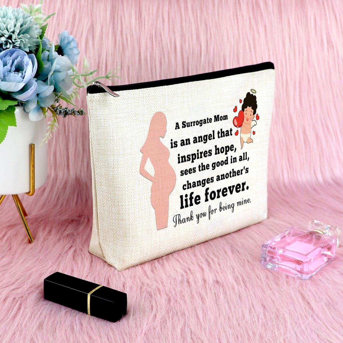 Surrogate Mom Gift - Surrogacy Appreciation Makeup Bag, Thank You Cosmetic Pouch for Pregnancy Gift, Birthday Christmas for Mother, Beige Canvas Travel Zipper Pouch - görsel 11
