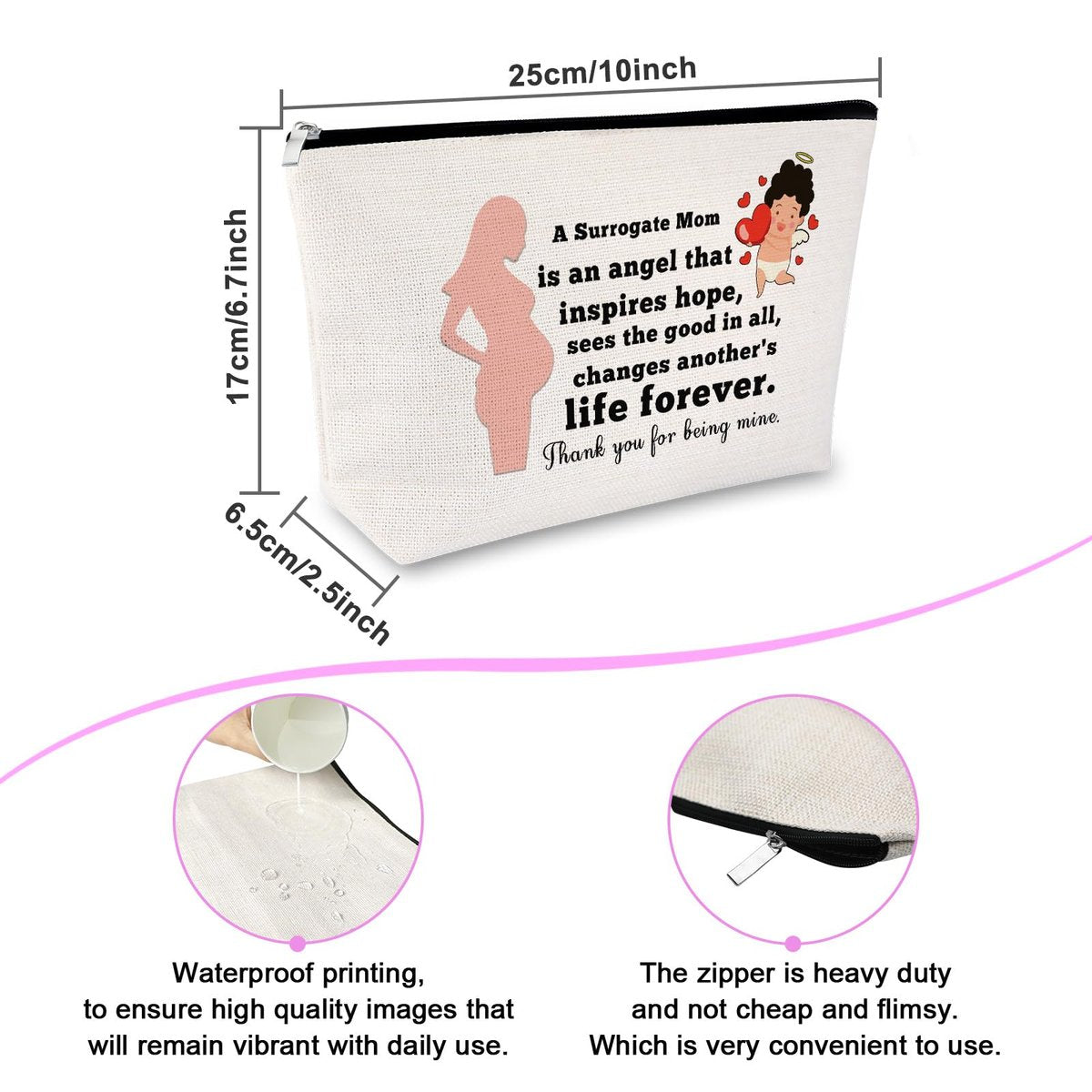 Surrogate Mom Gift - Surrogacy Appreciation Makeup Bag, Thank You Cosmetic Pouch for Pregnancy Gift, Birthday Christmas for Mother, Beige Canvas Travel Zipper Pouch - görsel 3