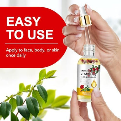 Rose Oil for Face, Premium Vitamin E Facial Oil - Deep Hydration for Face & Body, Nourishes Dry Skin, 2 Fl Oz