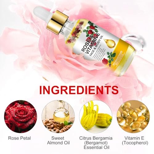 Rose Oil for Face, Premium Vitamin E Facial Oil - Deep Hydration for Face & Body, Nourishes Dry Skin, 2 Fl Oz - görsel 6