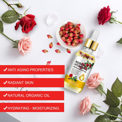 Rose Oil for Face, Premium Vitamin E Facial Oil - Deep Hydration for Face & Body, Nourishes Dry Skin, 2 Fl Oz