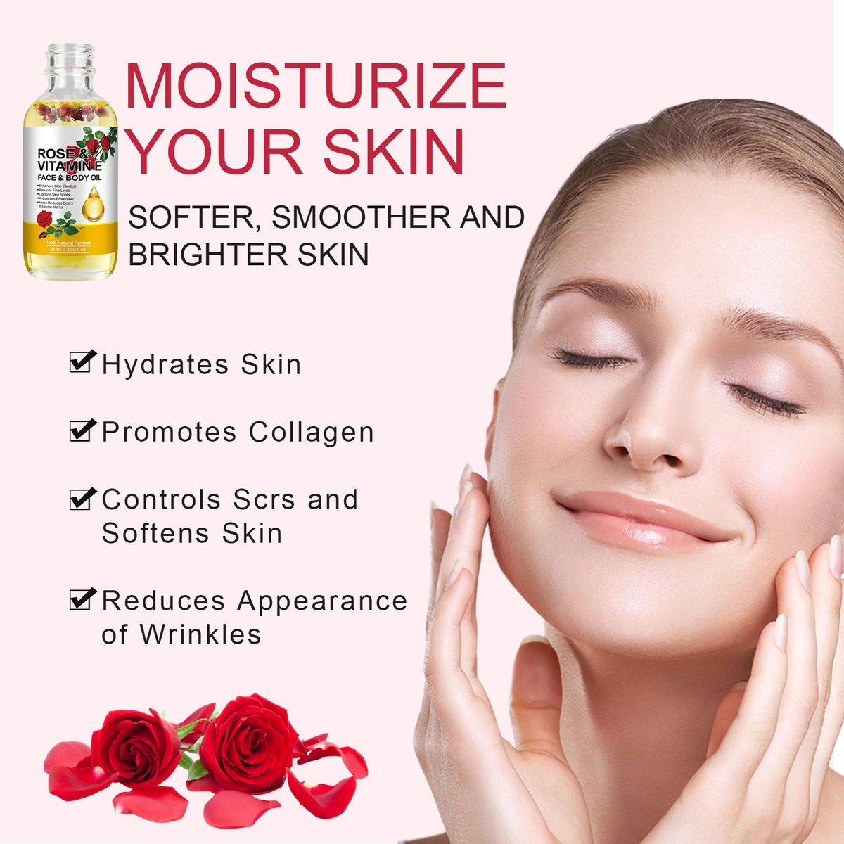 Rose Oil for Face, Premium Vitamin E Facial Oil - Deep Hydration for Face & Body, Nourishes Dry Skin, 2 Fl Oz - görsel 11