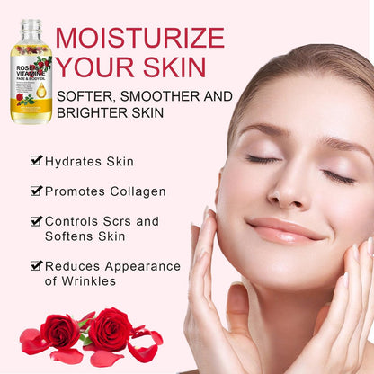 Rose Oil for Face, Premium Vitamin E Facial Oil - Deep Hydration for Face & Body, Nourishes Dry Skin, 2 Fl Oz