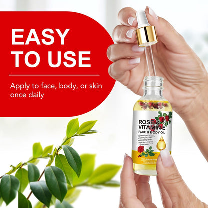 Rose Oil for Face, Premium Vitamin E Facial Oil - Deep Hydration for Face & Body, Nourishes Dry Skin, 2 Fl Oz