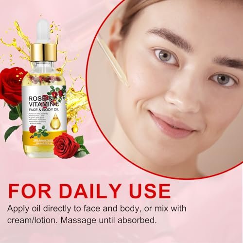 Rose Oil for Face, Premium Vitamin E Facial Oil - Deep Hydration for Face & Body, Nourishes Dry Skin, 2 Fl Oz - görsel 4