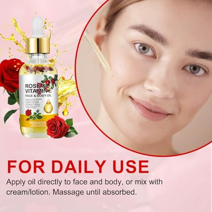 Rose Oil for Face, Premium Vitamin E Facial Oil - Deep Hydration for Face & Body, Nourishes Dry Skin, 2 Fl Oz